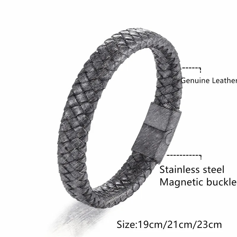MKENDN Leather Bracelet Black with a Stainless Steel Magnetic Clasp Braided Woven Bangle