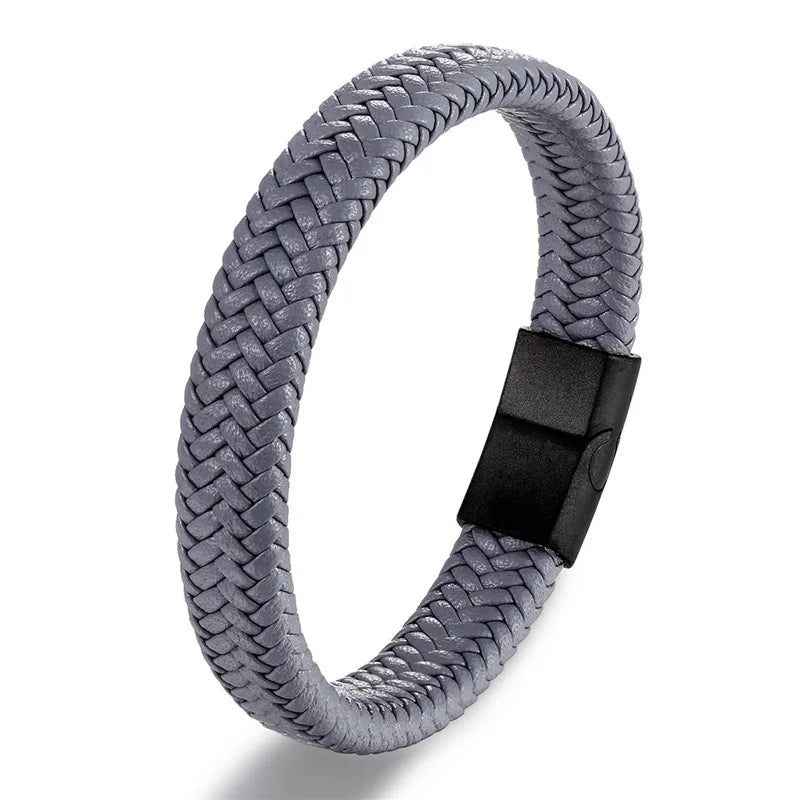 MKENDN Leather Bracelet Black with a Stainless Steel Magnetic Clasp Braided Woven Bangle
