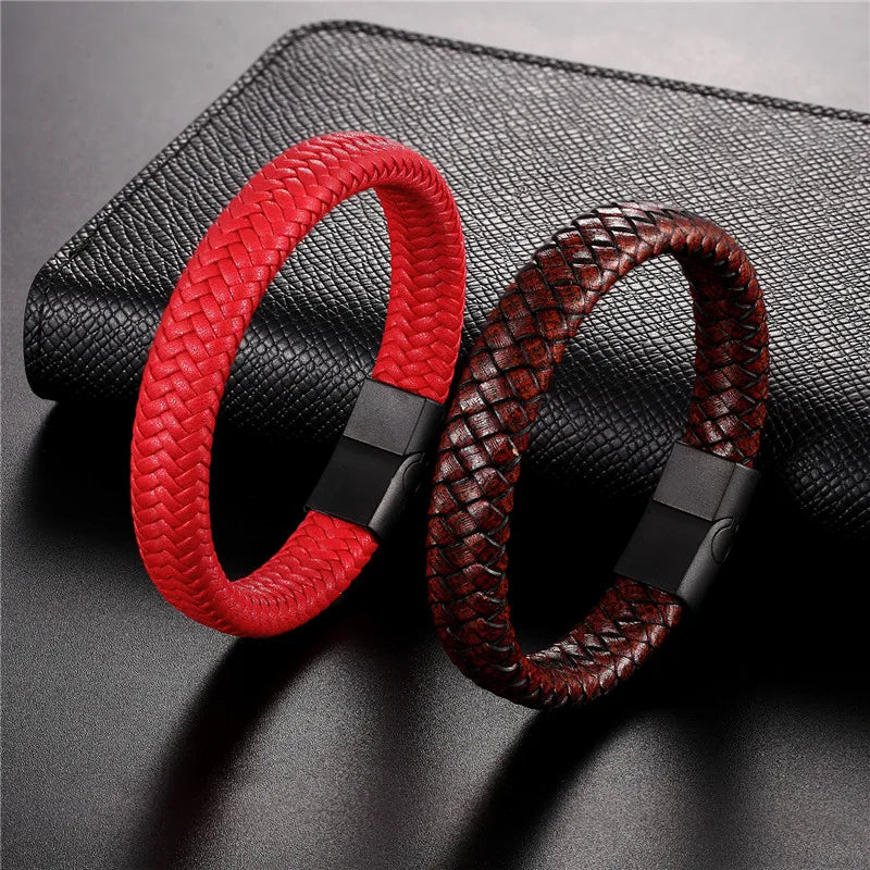 MKENDN Leather Bracelet Black with a Stainless Steel Magnetic Clasp Braided Woven Bangle