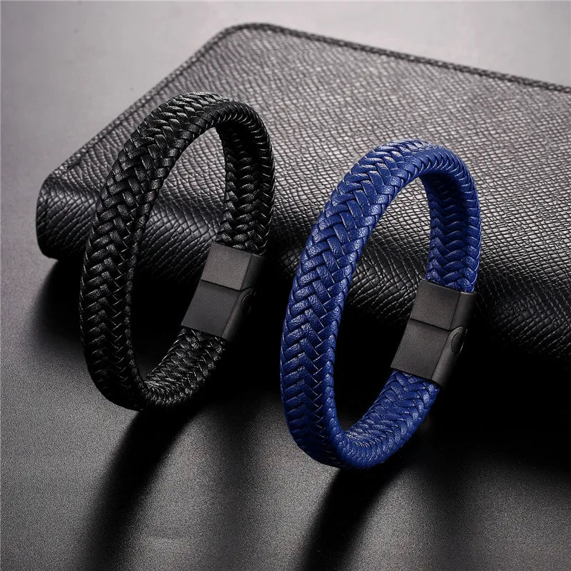 MKENDN Leather Bracelet Black with a Stainless Steel Magnetic Clasp Braided Woven Bangle