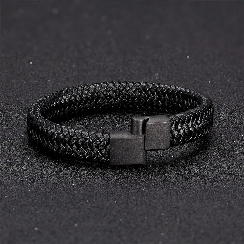 MKENDN Leather Bracelet Black with a Stainless Steel Magnetic Clasp Braided Woven Bangle