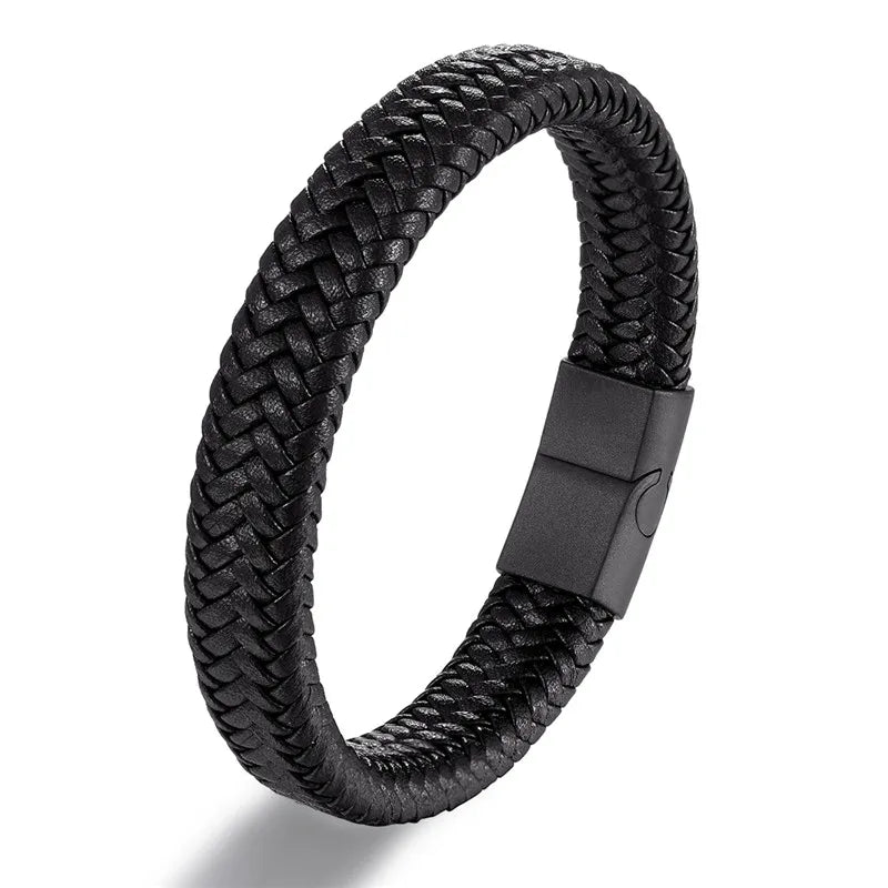 MKENDN Leather Bracelet Black with a Stainless Steel Magnetic Clasp Braided Woven Bangle