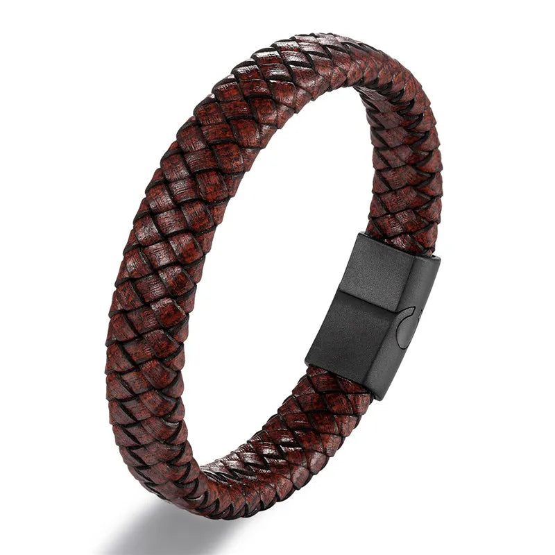 MKENDN Leather Bracelet Black with a Stainless Steel Magnetic Clasp Braided Woven Bangle