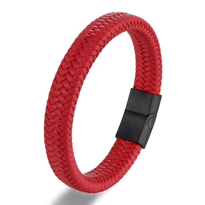 MKENDN Leather Bracelet Black with a Stainless Steel Magnetic Clasp Braided Woven Bangle