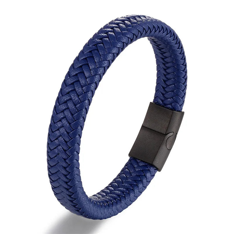 MKENDN Leather Bracelet Black with a Stainless Steel Magnetic Clasp Braided Woven Bangle