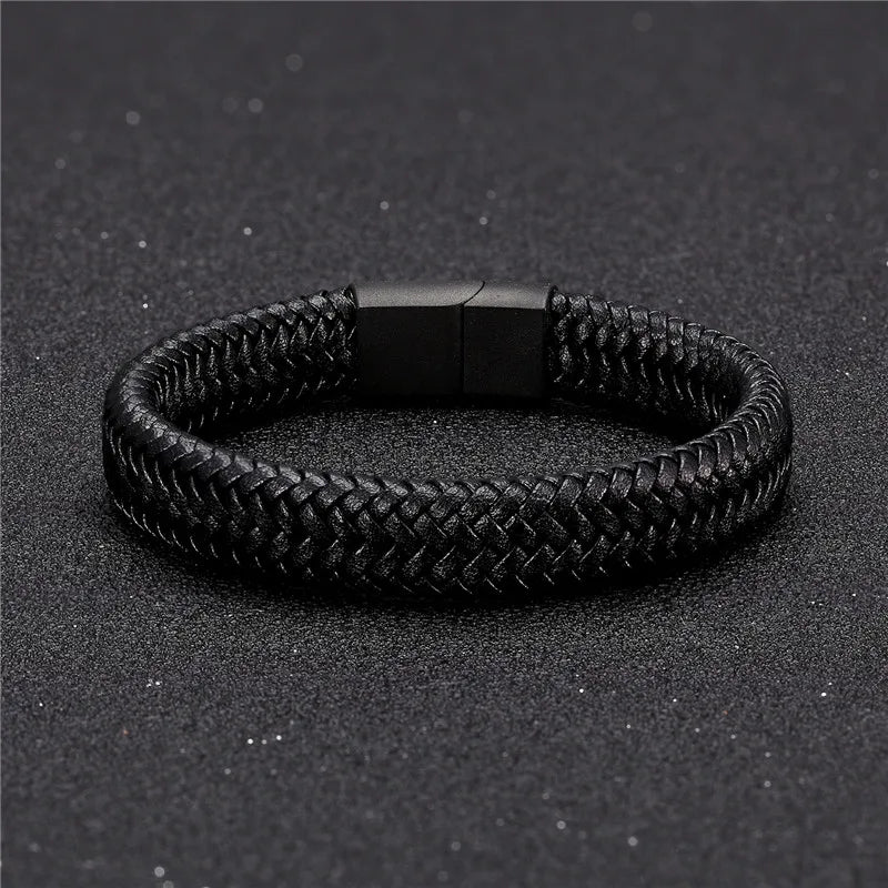 MKENDN Leather Bracelet Black with a Stainless Steel Magnetic Clasp Braided Woven Bangle