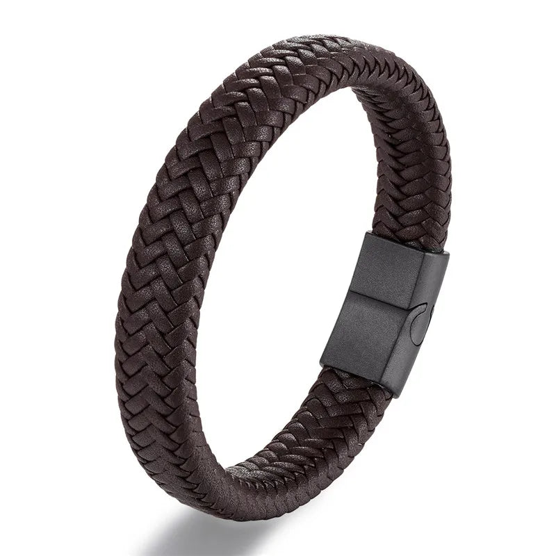 MKENDN Leather Bracelet Black with a Stainless Steel Magnetic Clasp Braided Woven Bangle