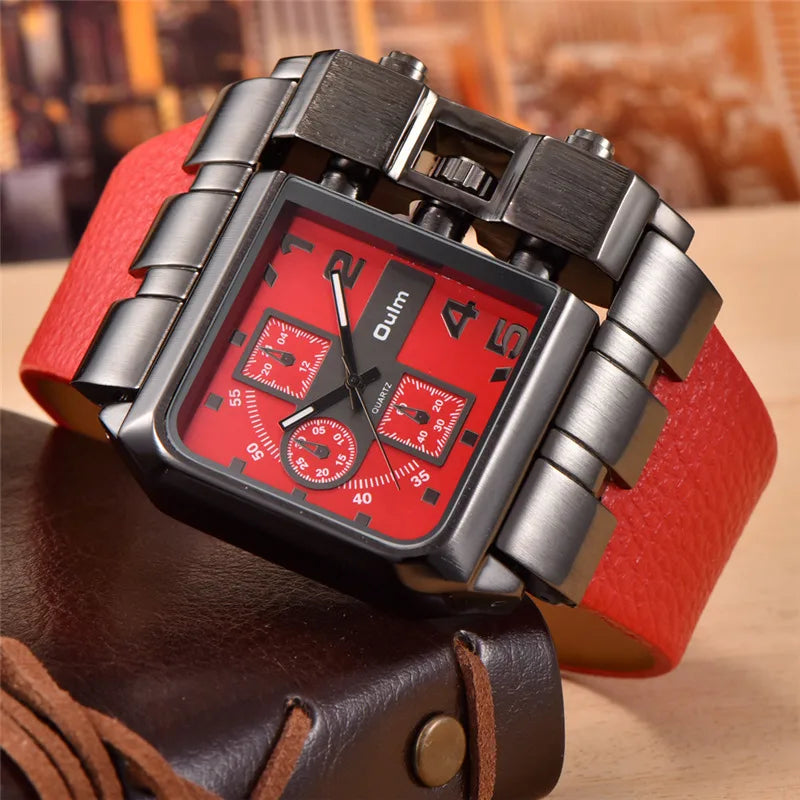 Oulm Western Big Dial Square Casual Built-in Button Quartz Watch