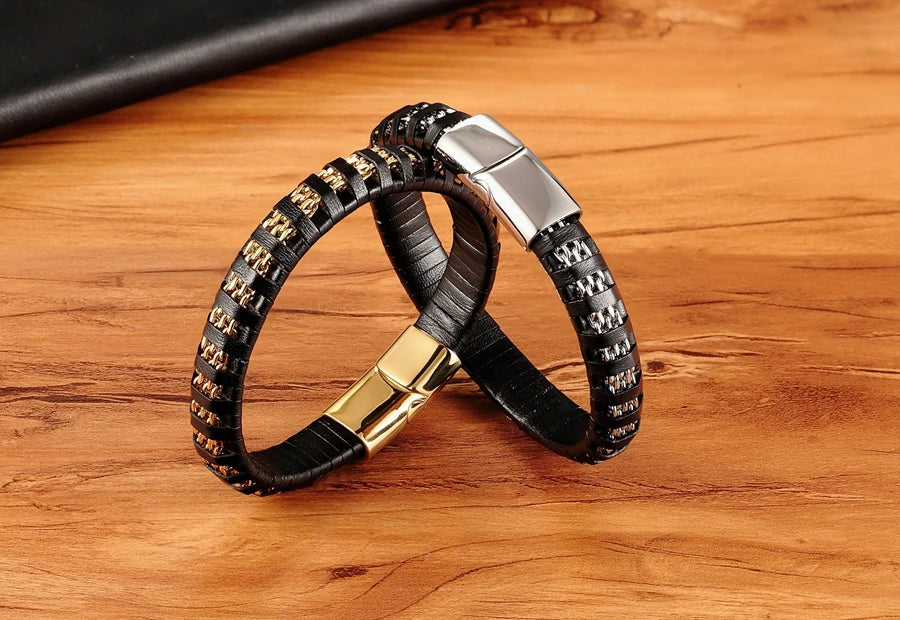 XQNI Stainless Steel Leather Bracelet Charm Jewelry Magnetic Clasp