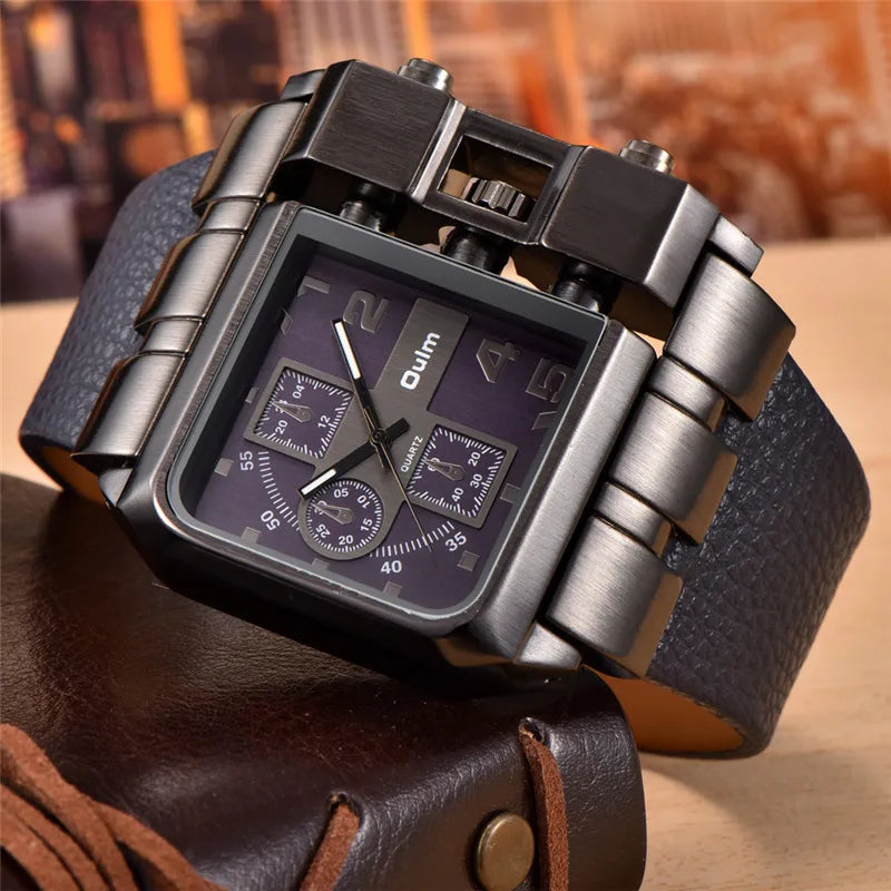 Oulm Western Big Dial Square Casual Built-in Button Quartz Watch
