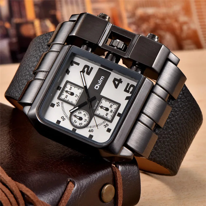 Oulm Western Big Dial Square Casual Built-in Button Quartz Watch