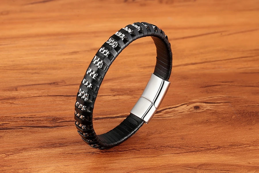 XQNI Stainless Steel Leather Bracelet Charm Jewelry Magnetic Clasp