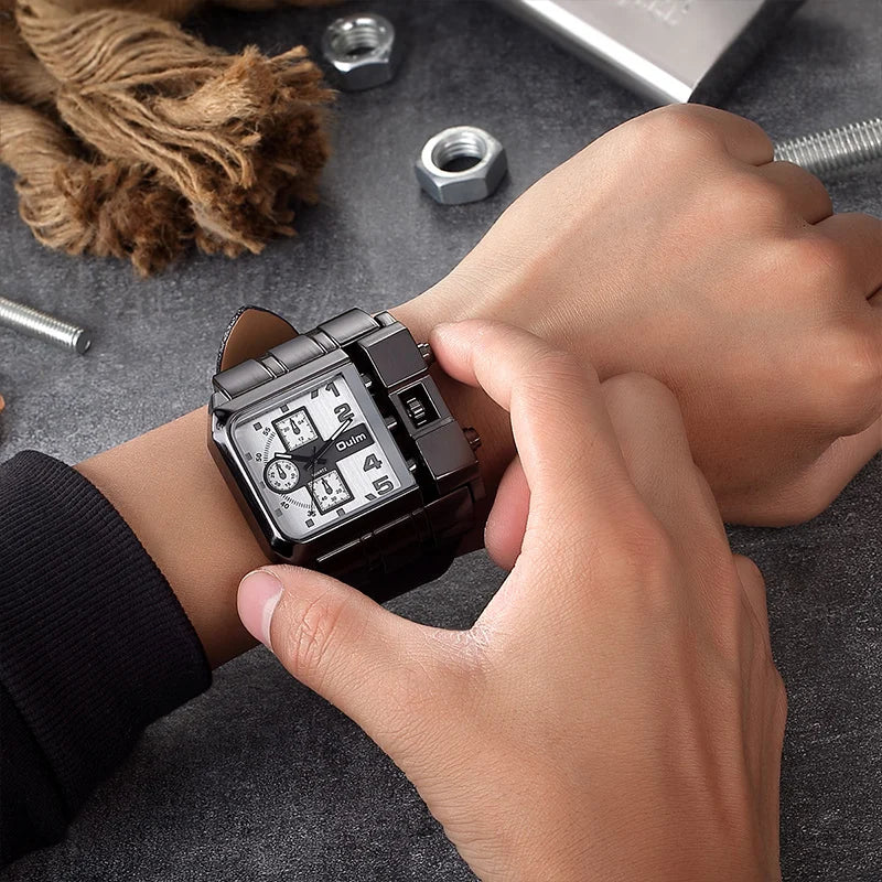 Oulm Western Big Dial Square Casual Built-in Button Quartz Watch
