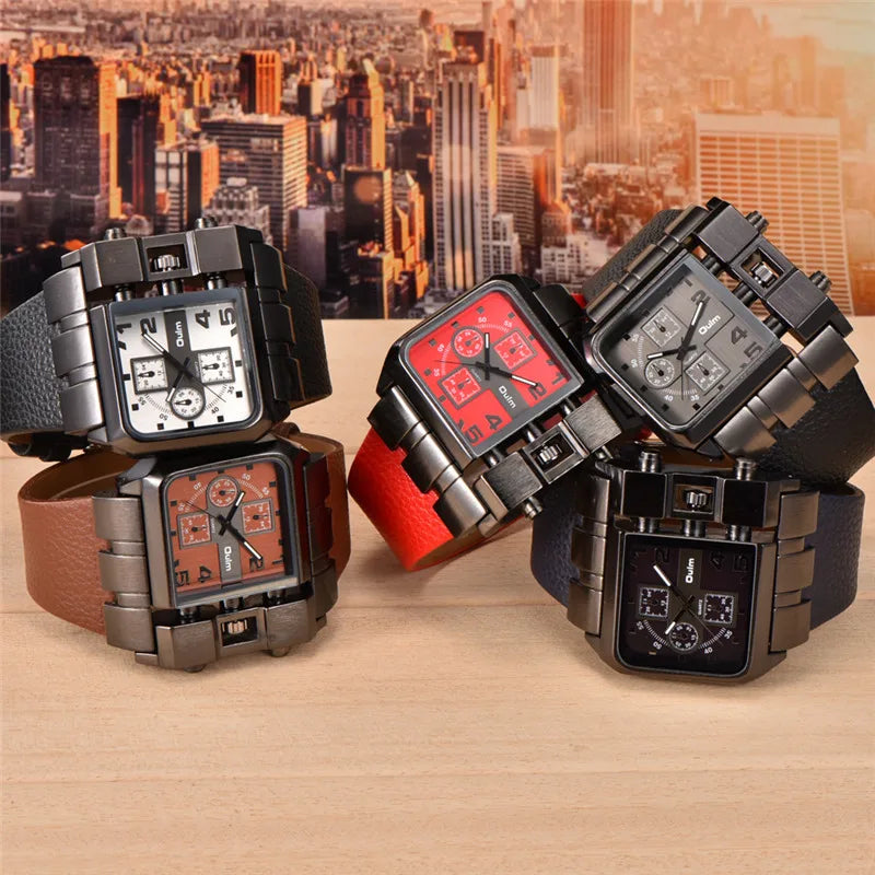 Oulm Western Big Dial Square Casual Built-in Button Quartz Watch