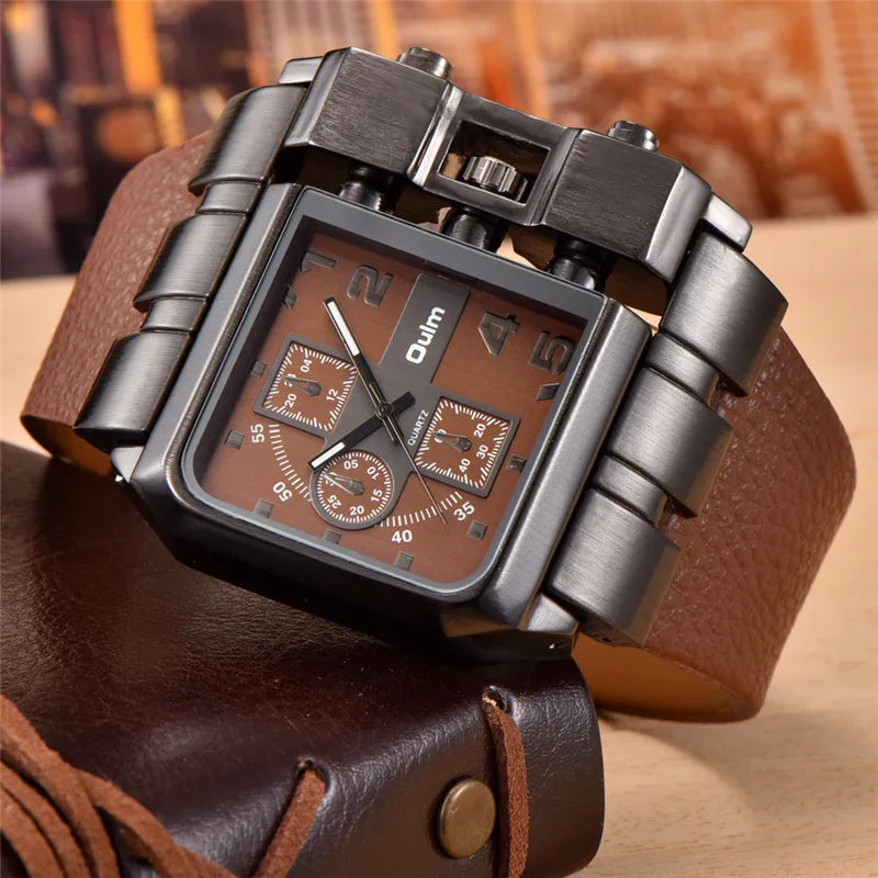 Oulm Western Big Dial Square Casual Built-in Button Quartz Watch