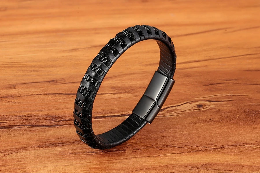 XQNI Stainless Steel Leather Bracelet Charm Jewelry Magnetic Clasp