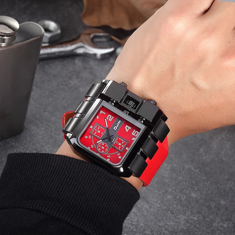 Oulm Western Big Dial Square Casual Built-in Button Quartz Watch