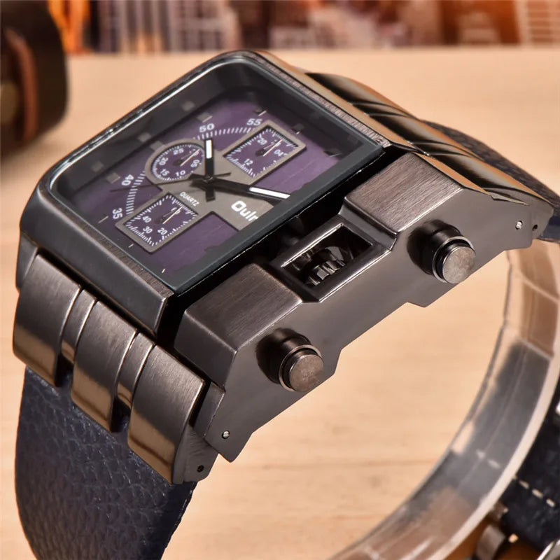 Oulm Western Big Dial Square Casual Built-in Button Quartz Watch