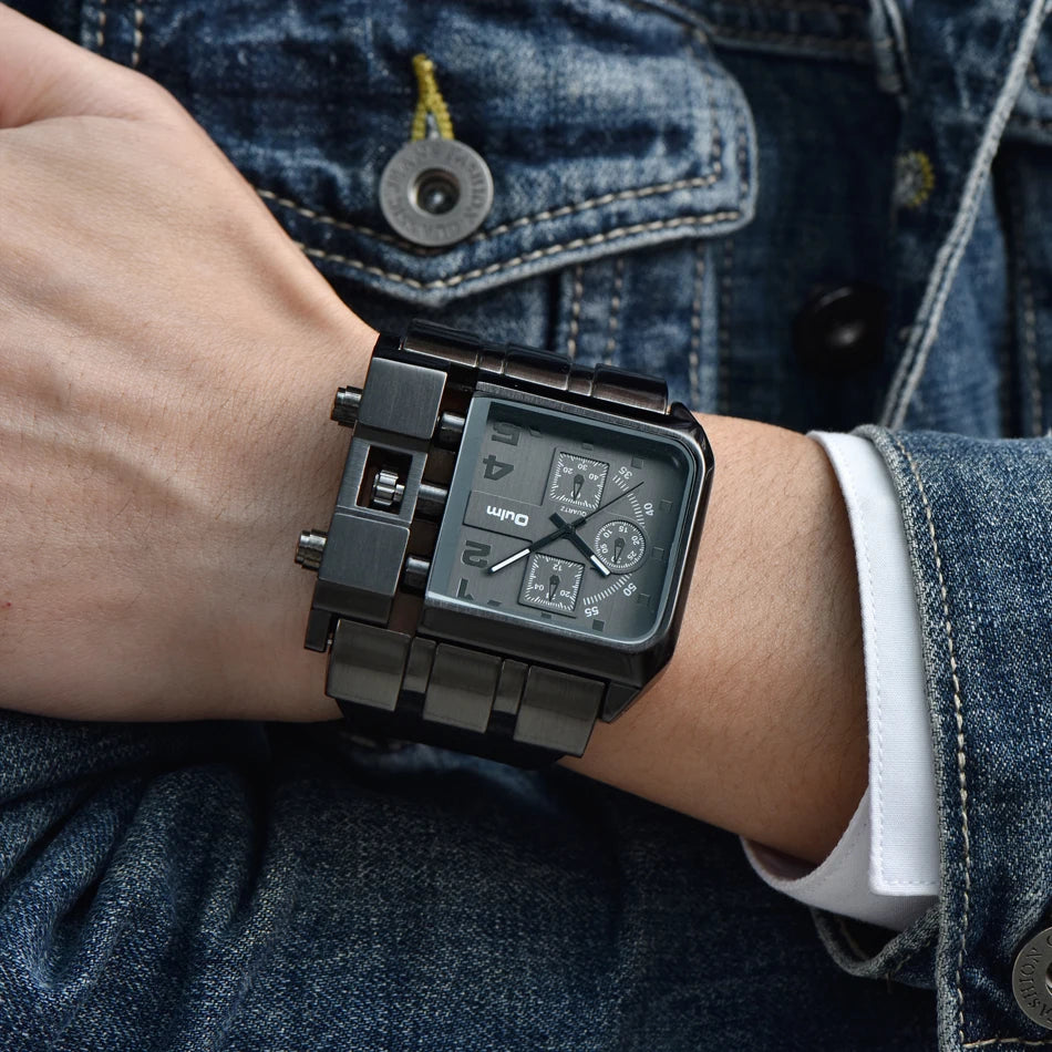 Oulm Western Big Dial Square Casual Built-in Button Quartz Watch