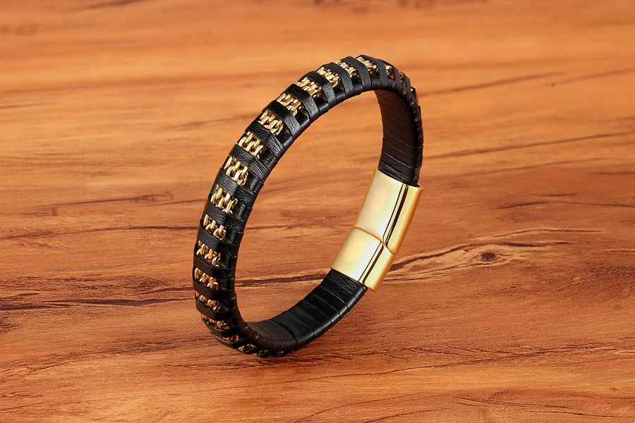 XQNI Stainless Steel Leather Bracelet Charm Jewelry Magnetic Clasp
