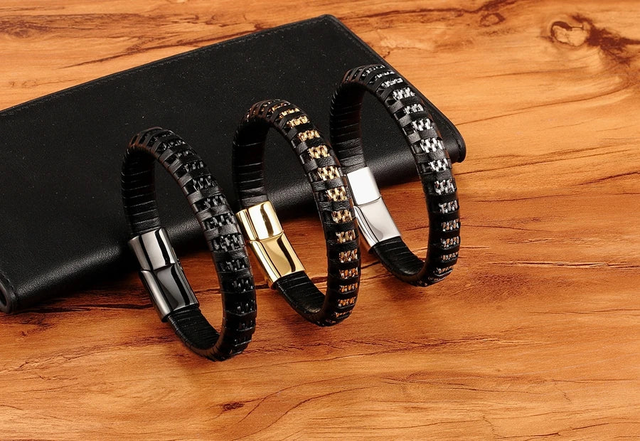 XQNI Stainless Steel Leather Bracelet Charm Jewelry Magnetic Clasp