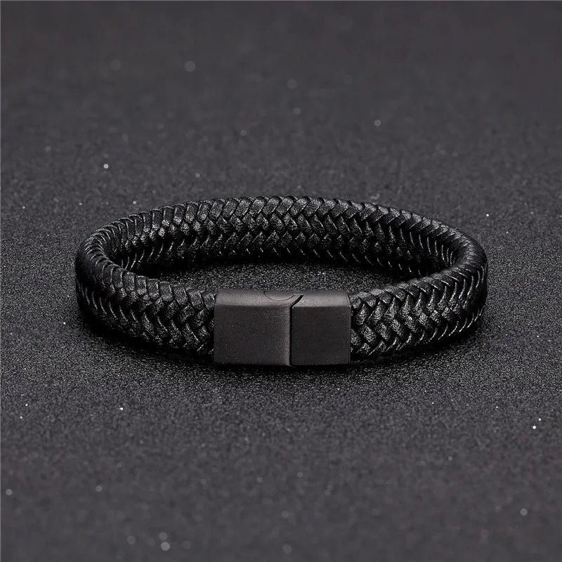 MKENDN Leather Bracelet Black with a Stainless Steel Magnetic Clasp Braided Woven Bangle