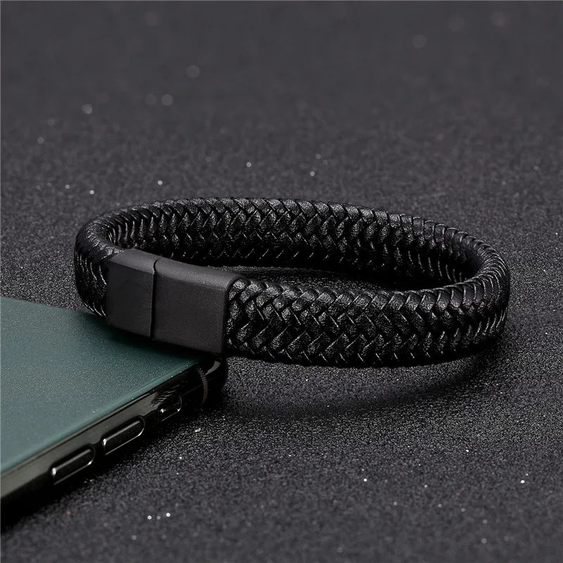 MKENDN Leather Bracelet Black with a Stainless Steel Magnetic Clasp Braided Woven Bangle