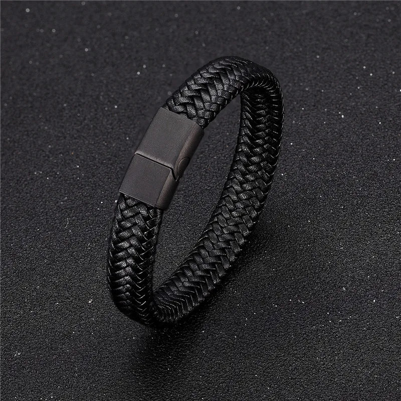 MKENDN Leather Bracelet Black with a Stainless Steel Magnetic Clasp Braided Woven Bangle