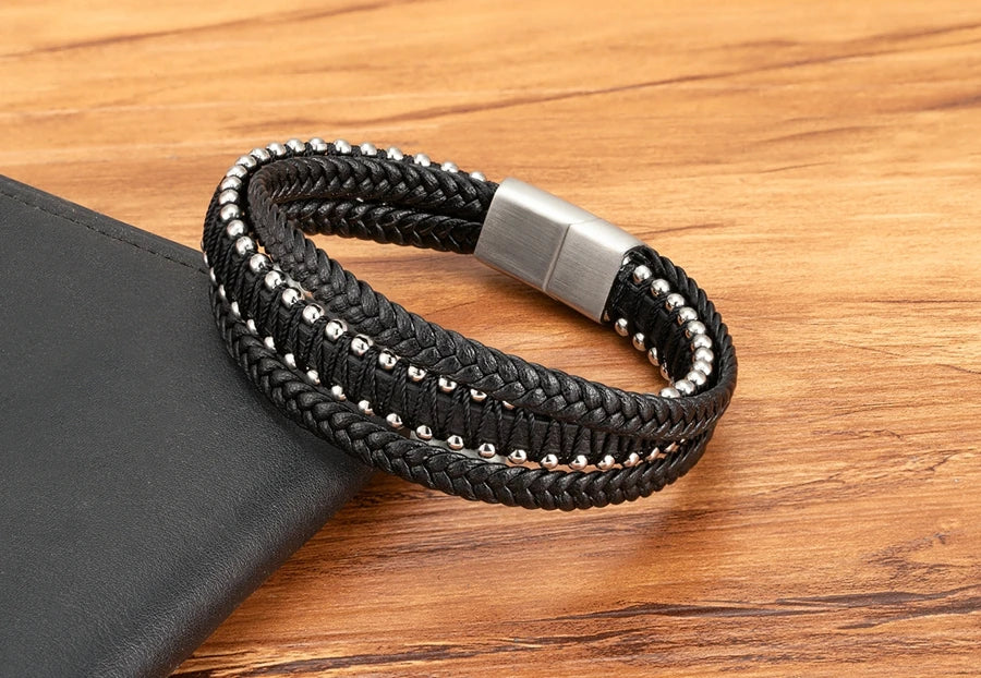 XQNI Stainless Steel Leather Bracelet Charm Jewelry Magnetic Clasp