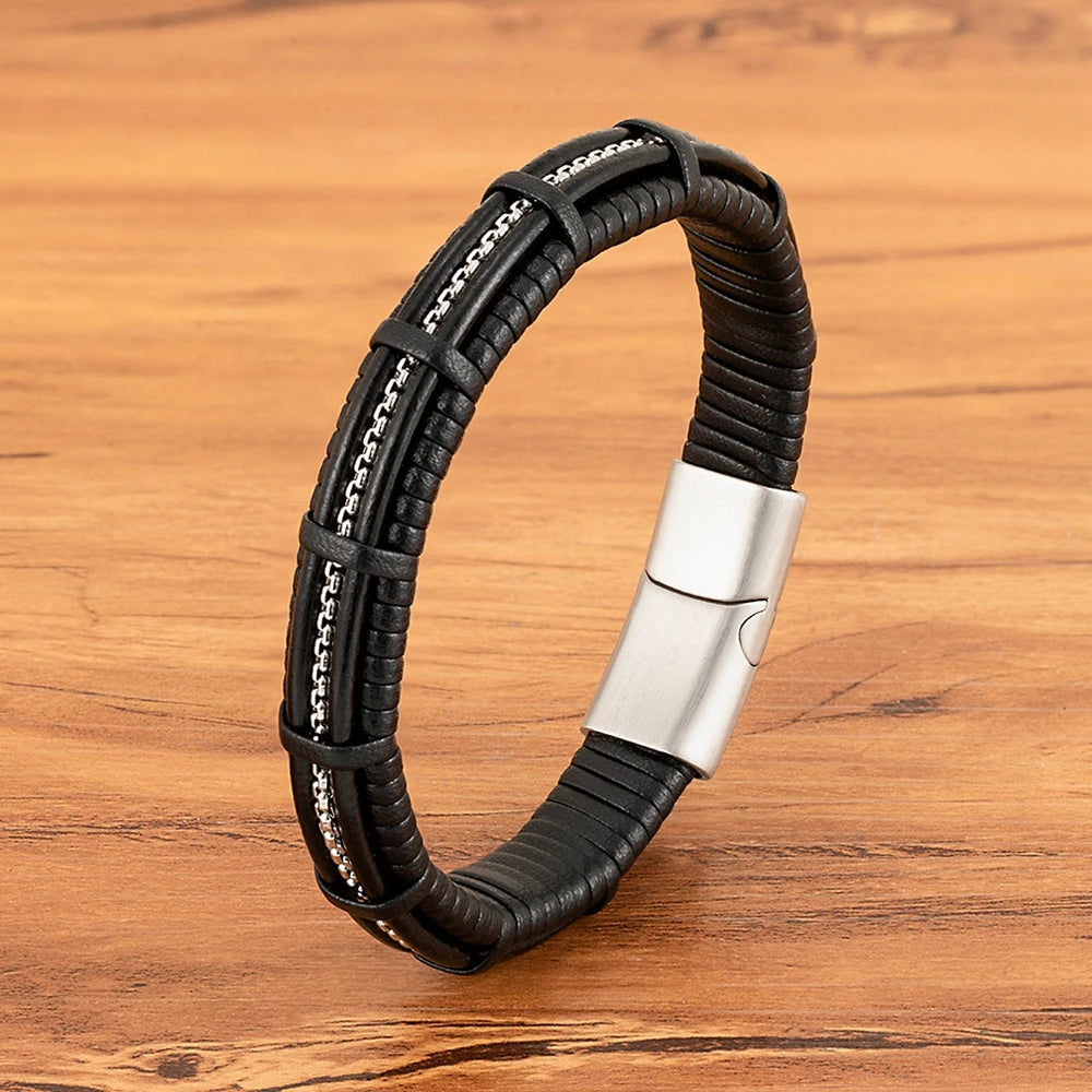 XQNI Stainless Steel Leather Bracelet Charm Jewelry Magnetic Clasp
