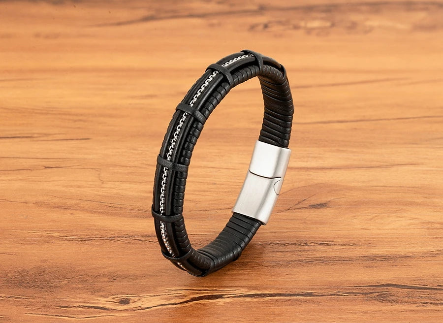 XQNI Stainless Steel Leather Bracelet Charm Jewelry Magnetic Clasp