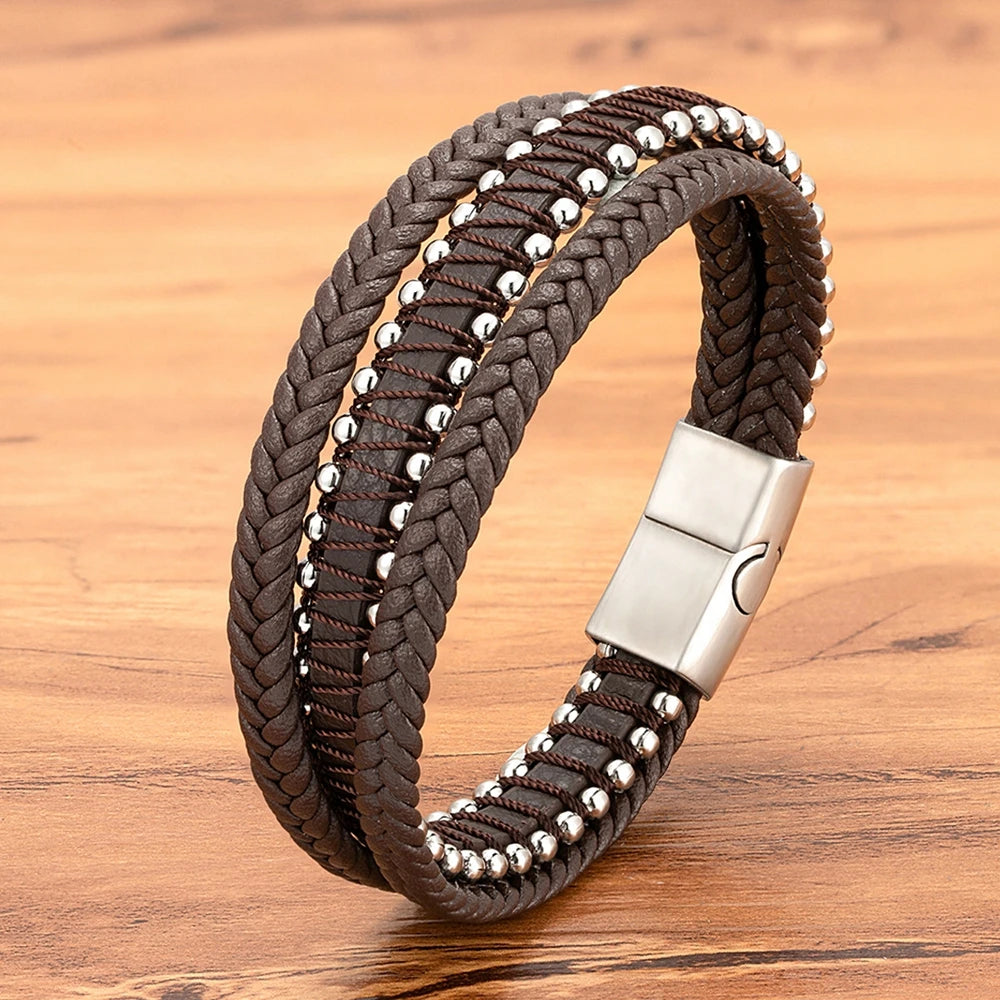 XQNI Stainless Steel Leather Bracelet Charm Jewelry Magnetic Clasp