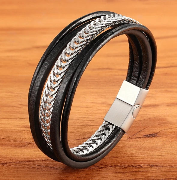 XQNI Stainless Steel Leather Bracelet Charm Jewelry Magnetic Clasp