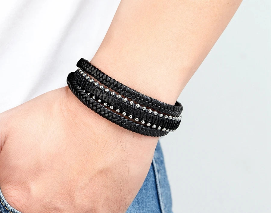 XQNI Stainless Steel Leather Bracelet Charm Jewelry Magnetic Clasp