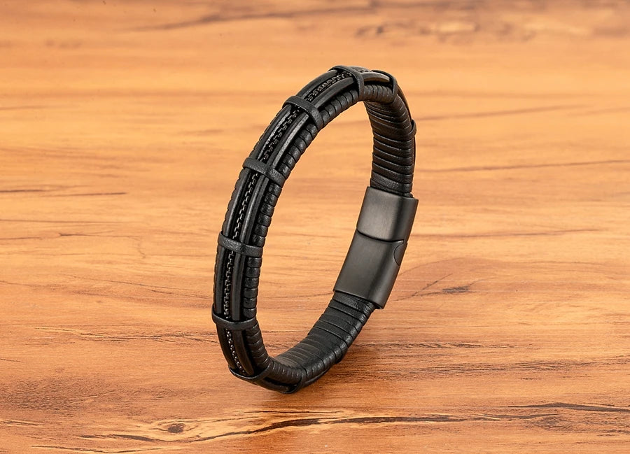 XQNI Stainless Steel Leather Bracelet Charm Jewelry Magnetic Clasp