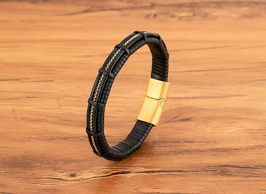 XQNI Stainless Steel Leather Bracelet Charm Jewelry Magnetic Clasp