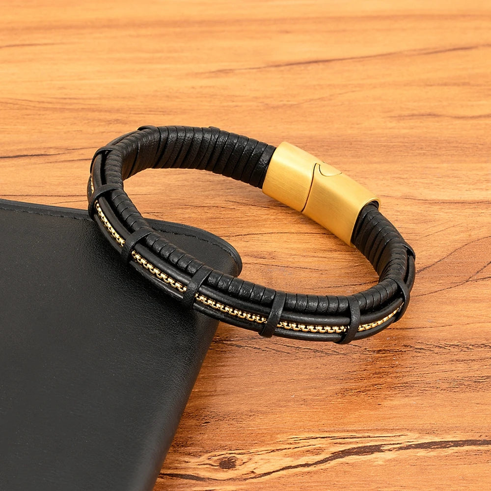 XQNI Stainless Steel Leather Bracelet Charm Jewelry Magnetic Clasp