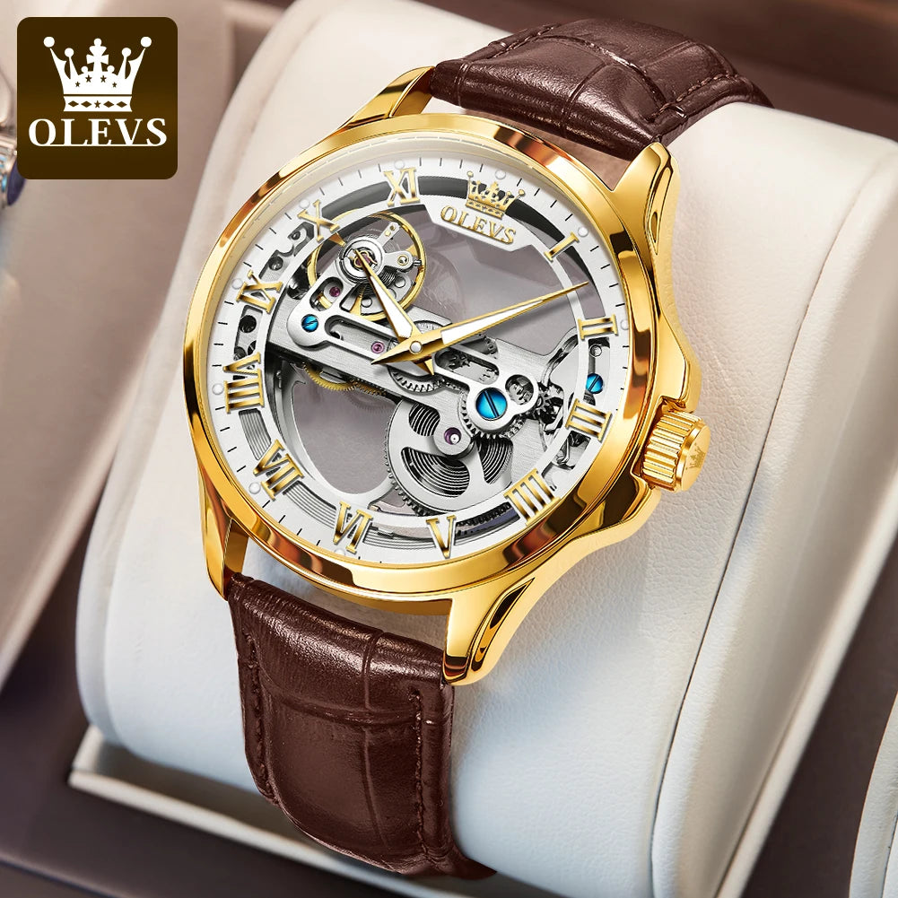 Olevs Hollow Automatic Leather Strap with Luminous Hand Wrist Watch
