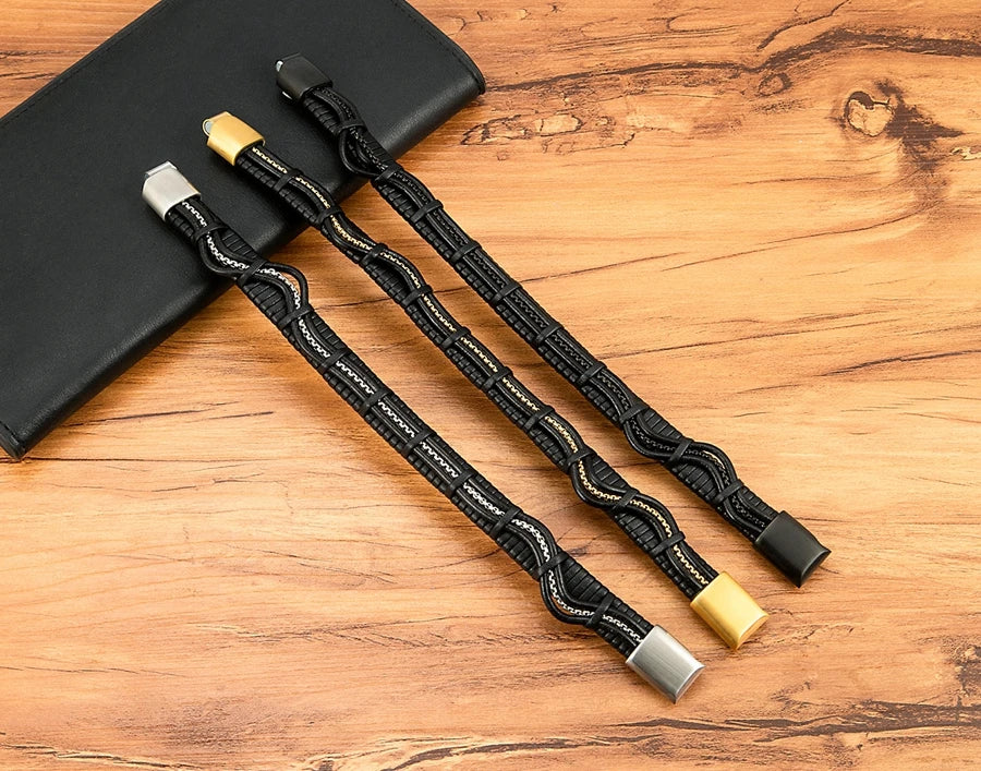 XQNI Stainless Steel Leather Bracelet Charm Jewelry Magnetic Clasp