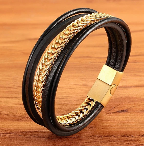 XQNI Stainless Steel Leather Bracelet Charm Jewelry Magnetic Clasp