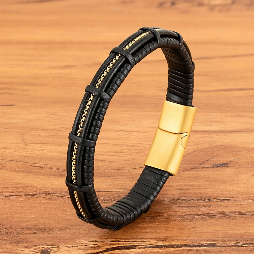 XQNI Stainless Steel Leather Bracelet Charm Jewelry Magnetic Clasp