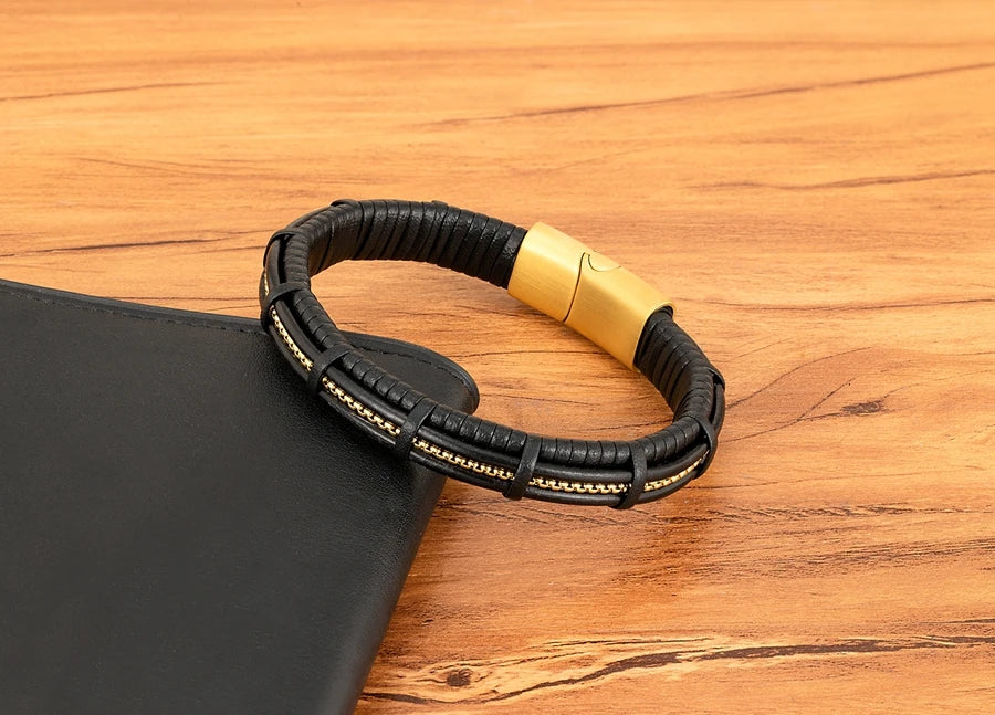 XQNI Stainless Steel Leather Bracelet Charm Jewelry Magnetic Clasp