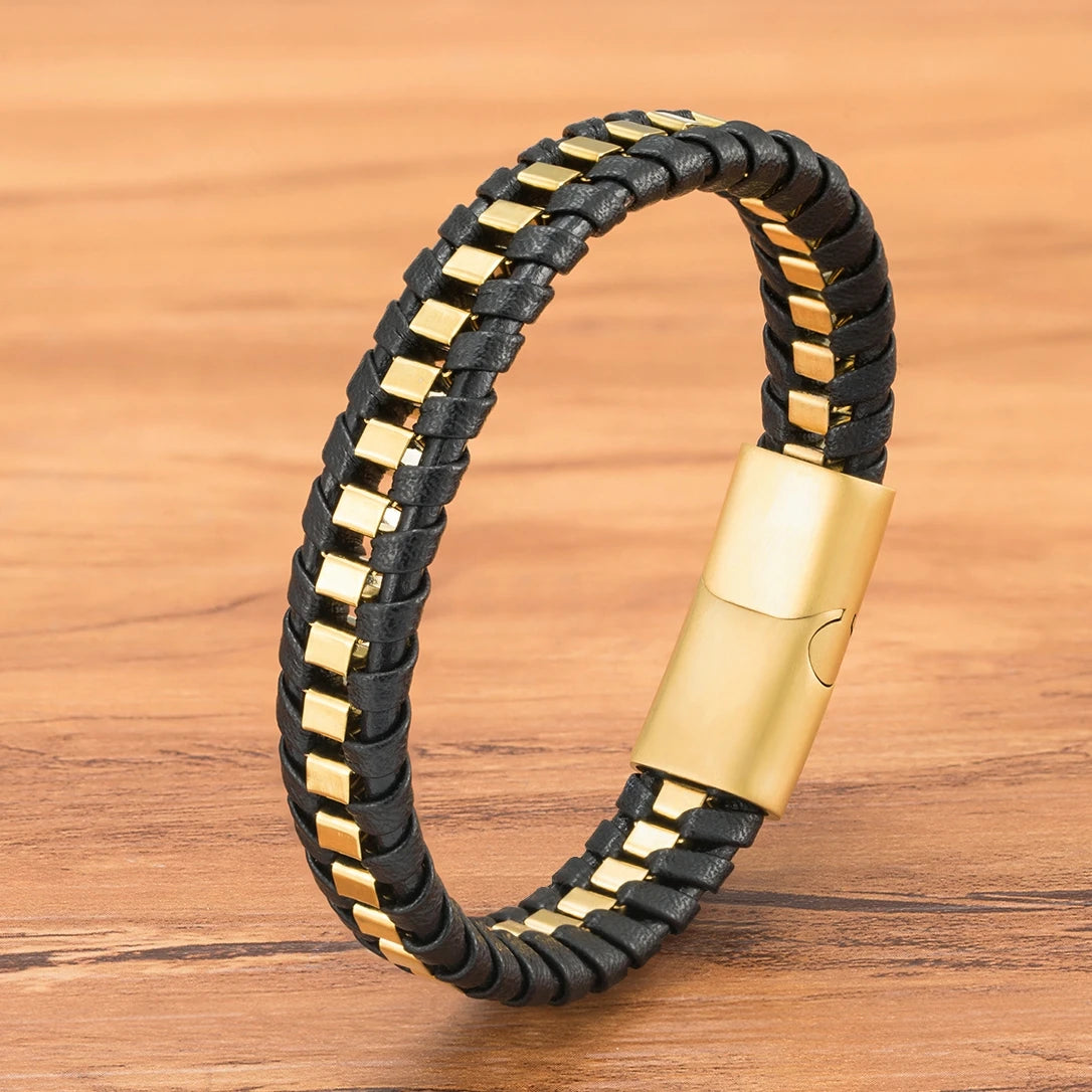 XQNI Stainless Steel Leather Bracelet Charm Jewelry Magnetic Clasp