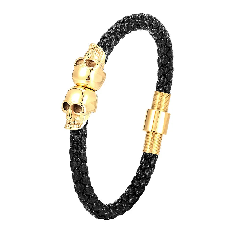 Black Braided Leather Skull Bangle Bracelet