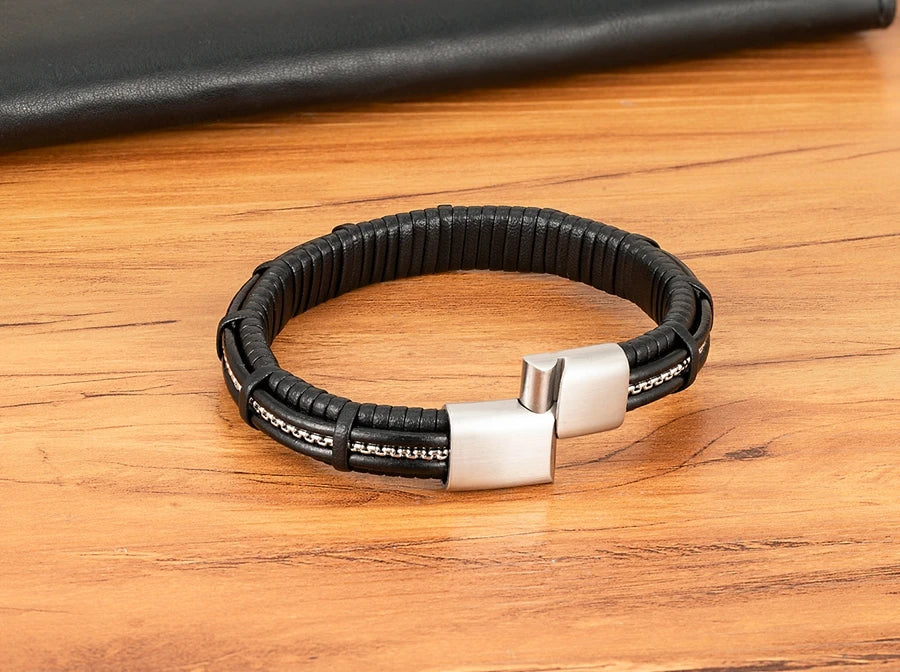 XQNI Stainless Steel Leather Bracelet Charm Jewelry Magnetic Clasp
