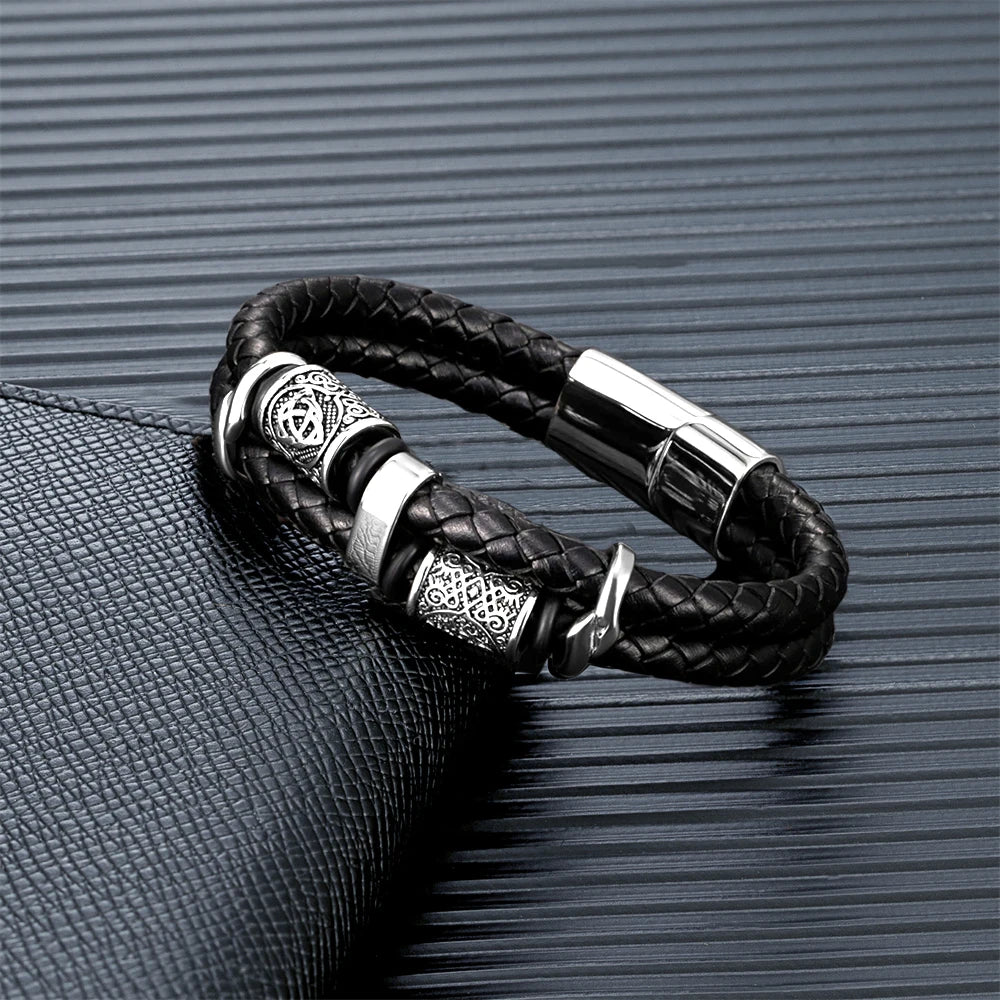 Vintage Vikings Compass Multilayer Leather Valknut Bangle Scandinavian Bracelet