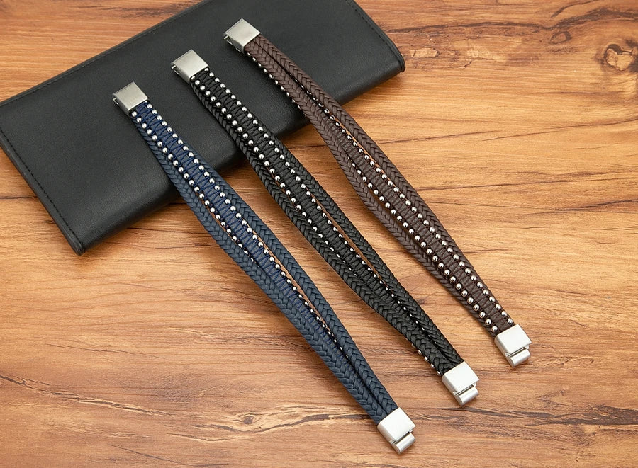 XQNI Stainless Steel Leather Bracelet Charm Jewelry Magnetic Clasp