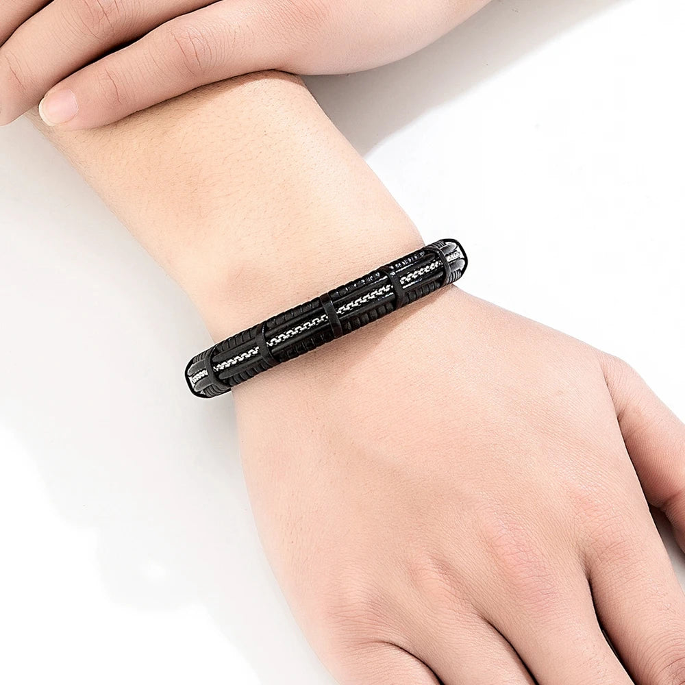 XQNI Stainless Steel Leather Bracelet Charm Jewelry Magnetic Clasp