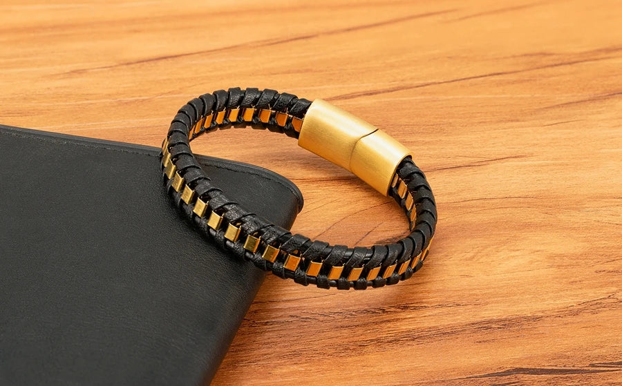 XQNI Stainless Steel Leather Bracelet Charm Jewelry Magnetic Clasp