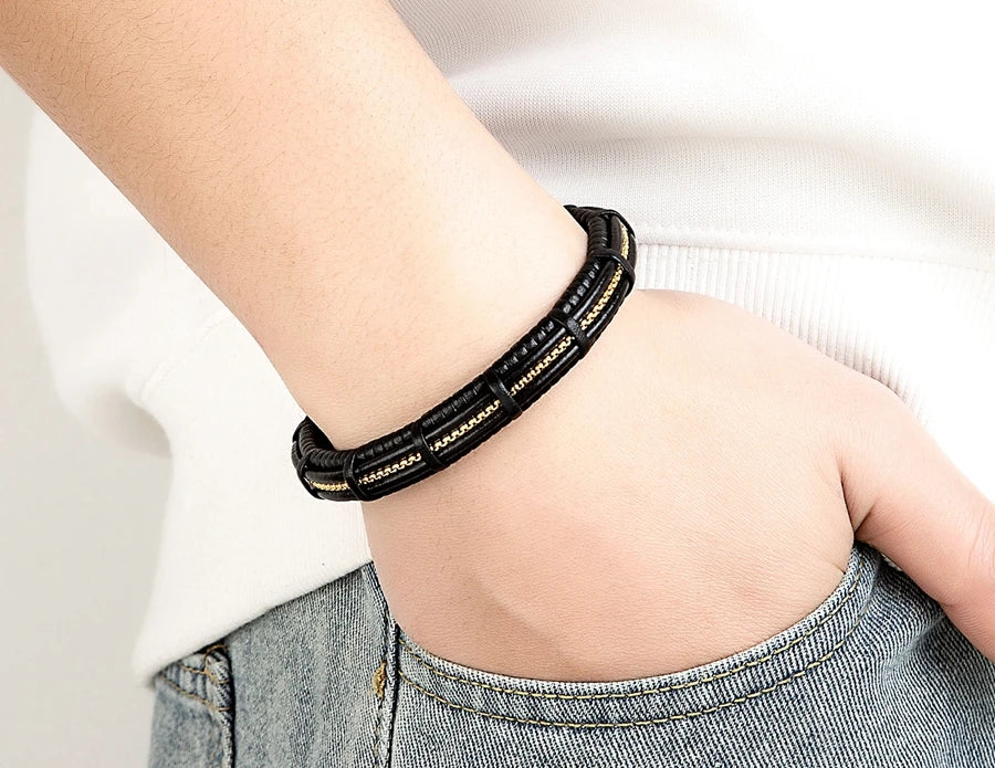 XQNI Stainless Steel Leather Bracelet Charm Jewelry Magnetic Clasp
